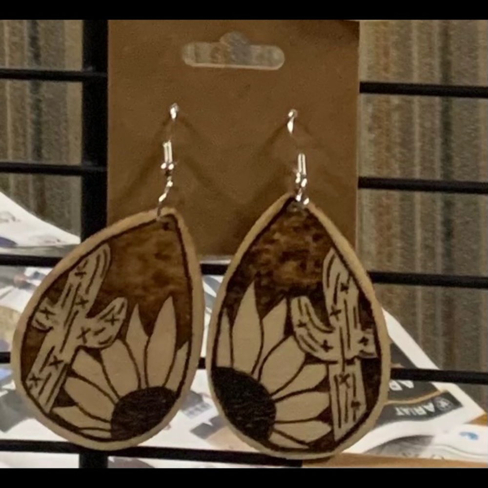 Hand burned sunflower and cactus earrings!